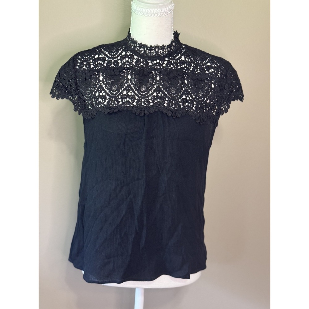 Mittoshop Black Crochet Lace Flutter Sleeve Blouse Mock Neck Top Size M